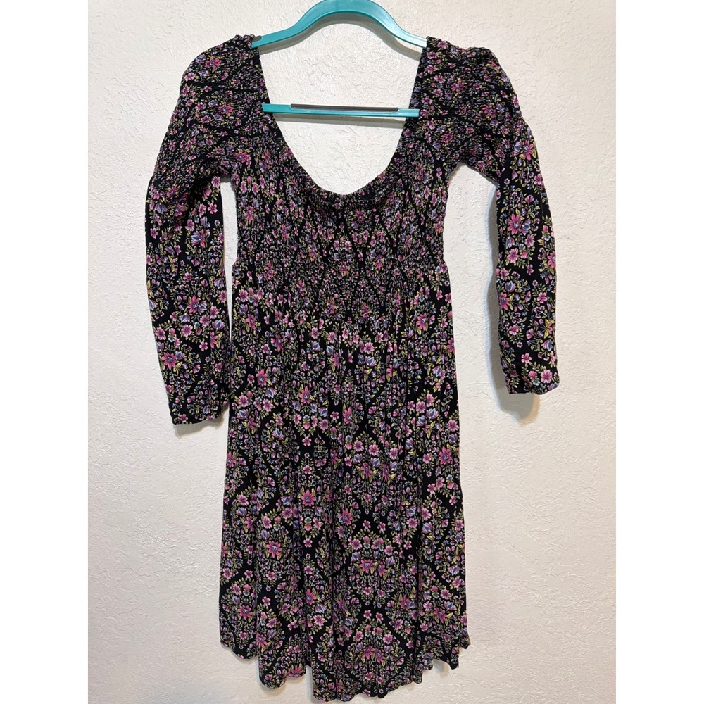 Torrid Floral Smocked Long‎ Sleeve Mini Dress Black Pink Purple 00 11688154